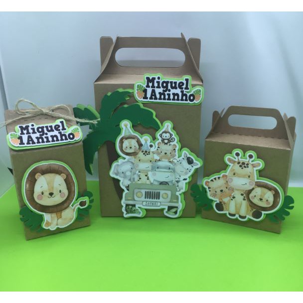 Kit 30 Lembrancinhas Caixinha Surpresa Kraft Grande Pequena e Caixinha Milk Safari 3D