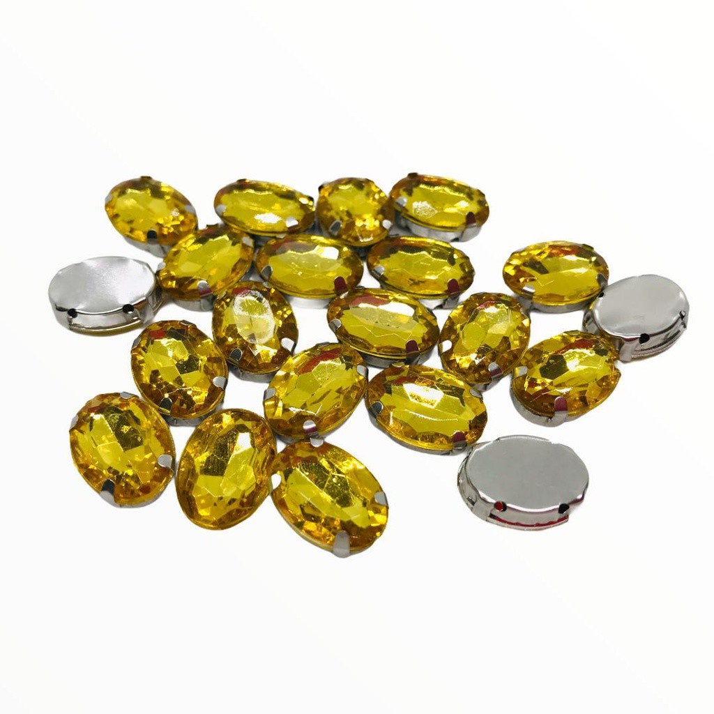Chatons Engrampados - Oval M NV Base Prata c/ Chaton Amarelo - 10x14mm - 20 Und