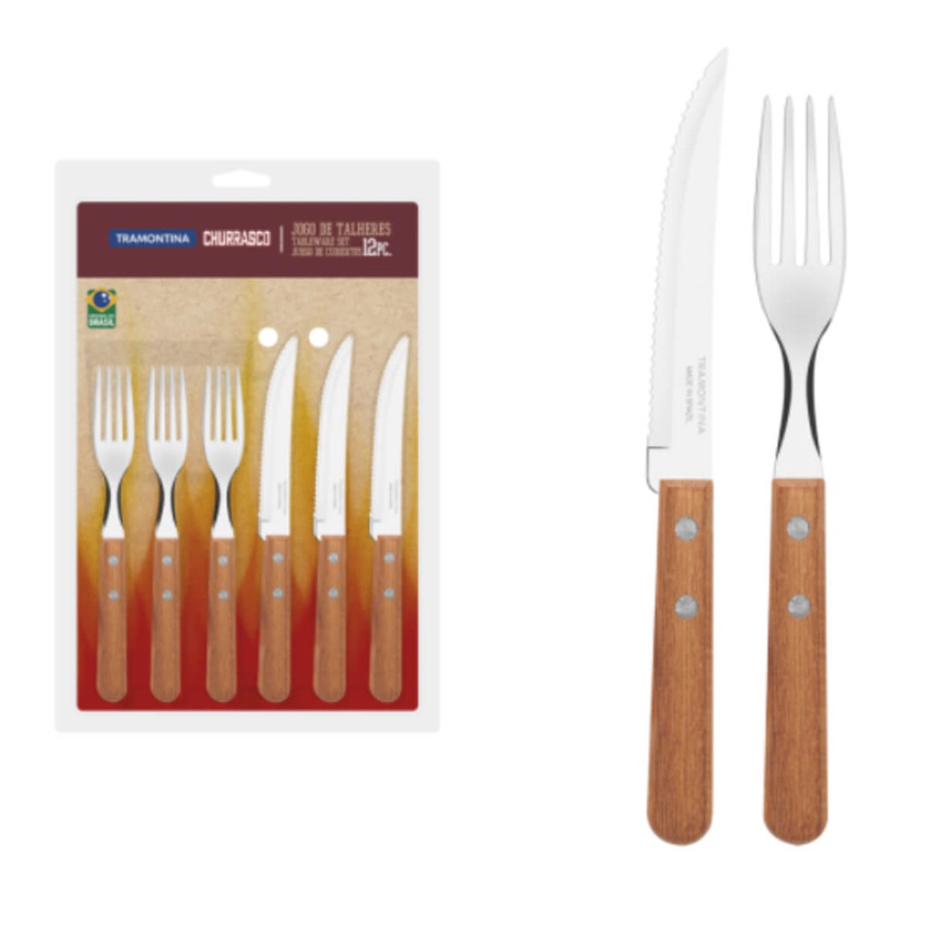 Jogo de Talheres Tramontina Churrasco com Lâminas em Aço Inox e Cabos de Madeira Natural 12 Peças - 22399030 em Oferta na Shopee