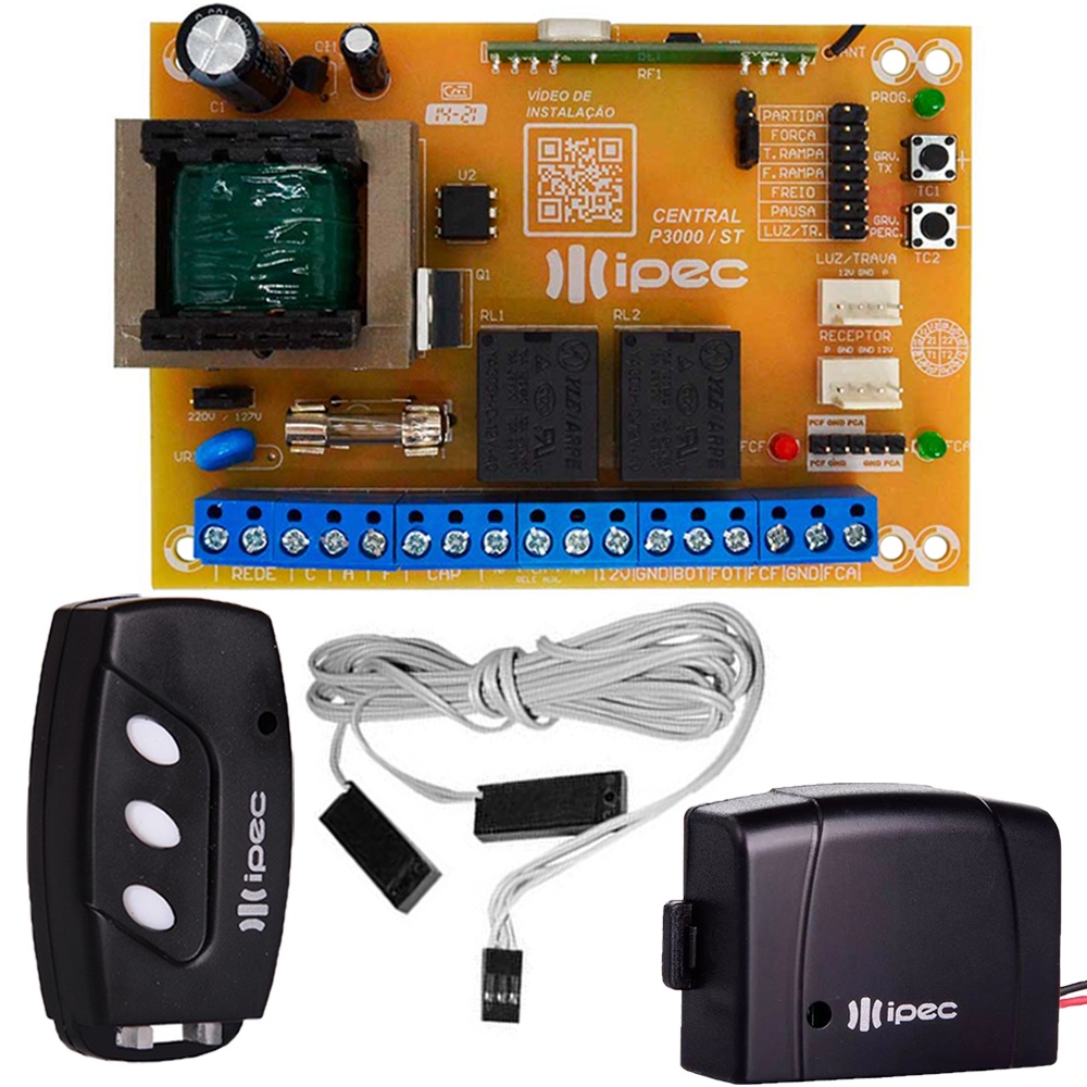 Central Placa Motor Portão Eletrônico Basculante Garen + 2 Controles + Sensor 3 Vias 180cm