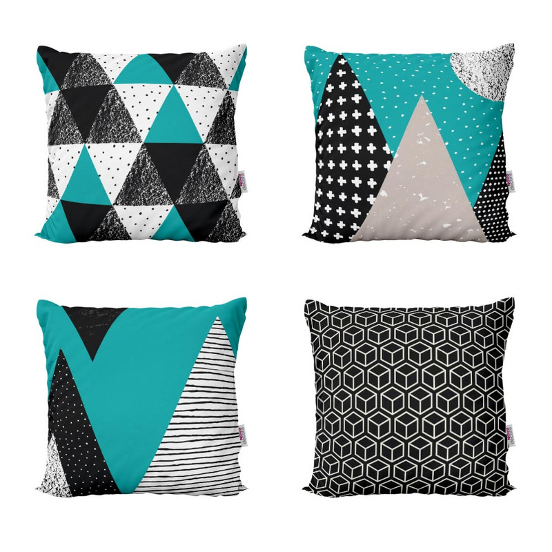 Kit 4 Almofadas Decorativas Azul Turquesa Geometricas Escandinavo Para Sofá 40x40 - Novadecora