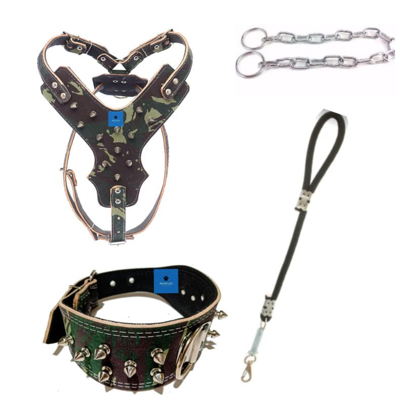 kit Peitoral Pitbull Feito Em Couro + Coleira Spike+ Guia e Corrente
