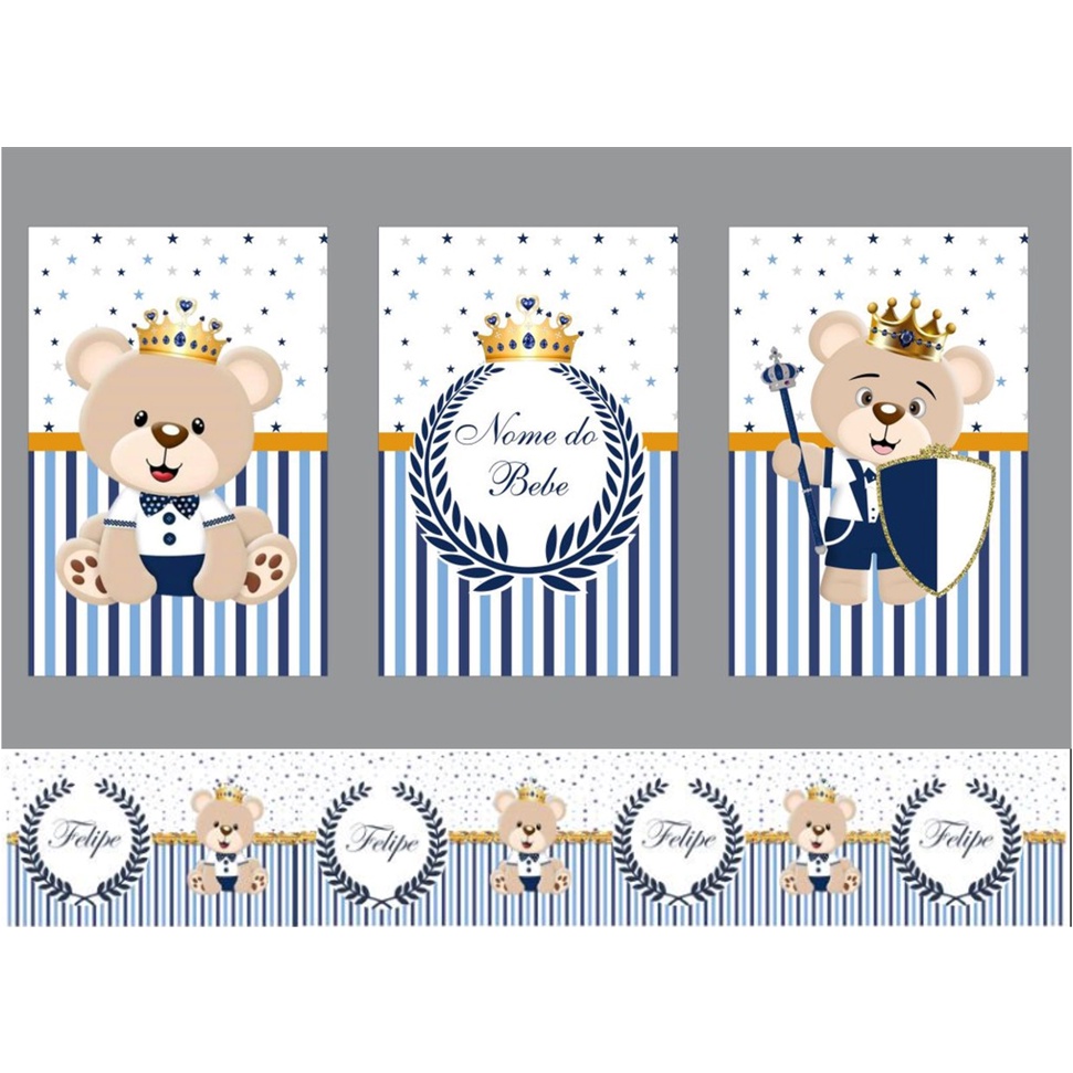 Quadros decorativos Infantil para o enxoval do seu bebê Urso príncipe + 2 faixas decorativas - Dispo