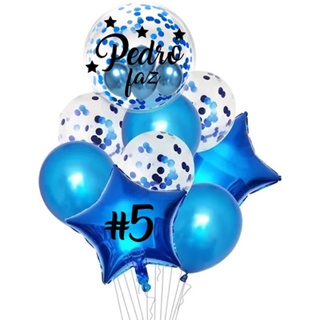 Buquê Com 12 Balões + Bubble De 24p Personalizado E Confete Azul Royal em Oferta na Shopee