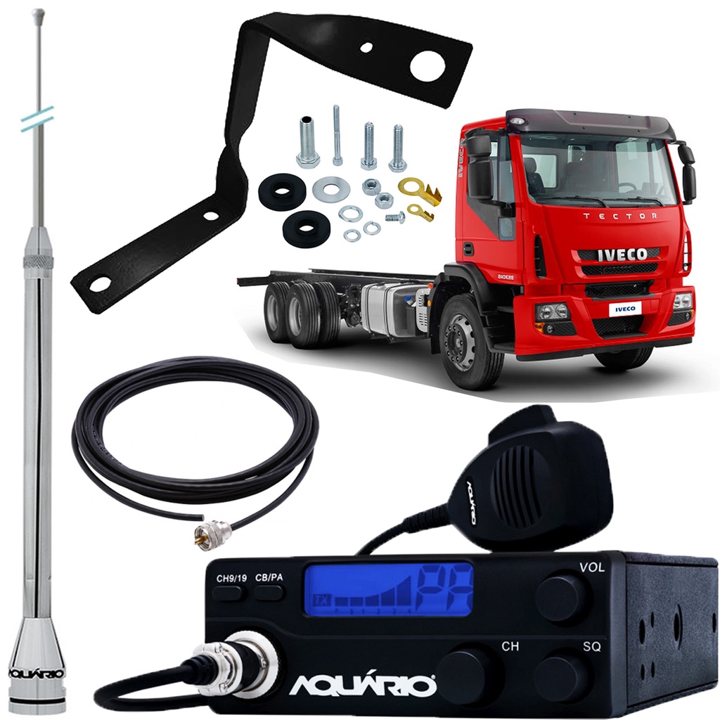 Radio Móvel Px 40 Canais Antena Inox 2,70 metros Alongador 60cm Cabo 5,5m Suporte Dianteiro Iveco Tector