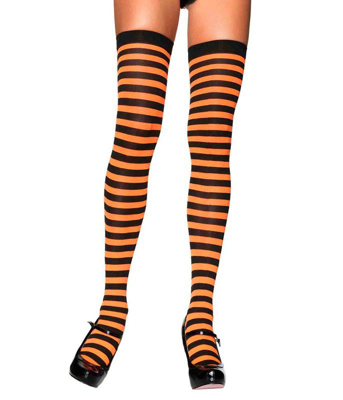 Meia Calça 7/8 Listrada Cosplay Preto e Laranja Acessorio Carnaval Halloween