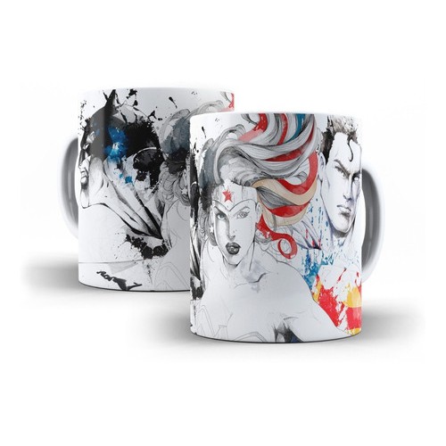 Caneca Branca de Cerâmica Mulher Maravilha Batman e Superman