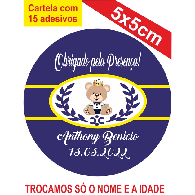 2 Cartelas de Adesivos (30 unidades) Personalizados Príncipe Ursinho 5x5cm Festa Aniversário Lembrancinha