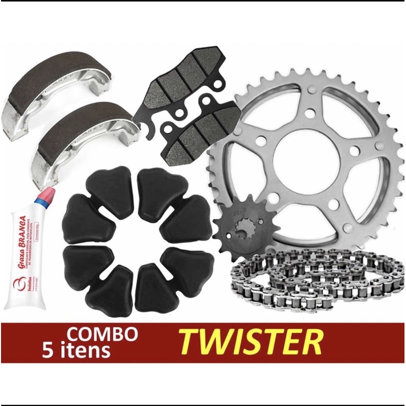 Kit Relação Transmissão Aço 1045 CBX 250 Twister até 2008 Combo + Lona + Pastilha + Coxim Coroa + Graxa p/corrente