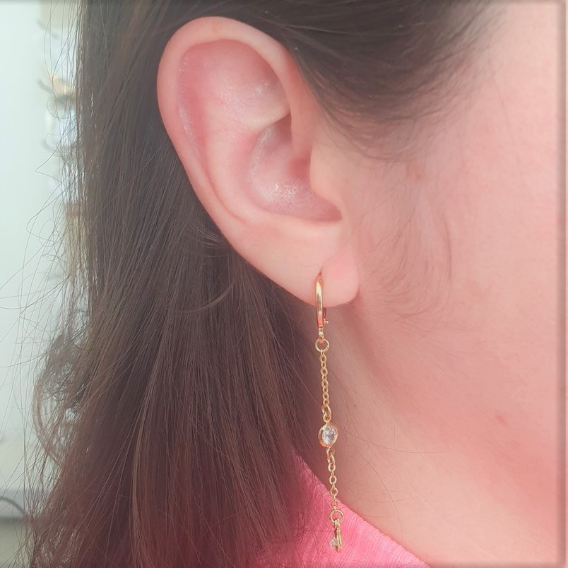 Brinco de Ouro 18K Banhado Brinco Ouro Folheado Semijoais Feminino Brincos cor Prata Ródio Branco Mini Argola Corrente 2 Pontos em Zircônia