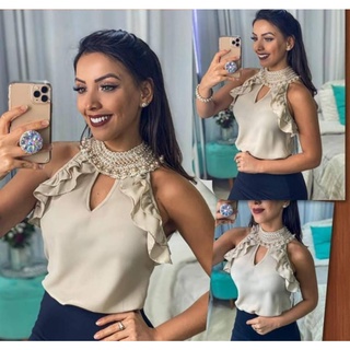 blusa social sem manga com pedrinha moda deminina