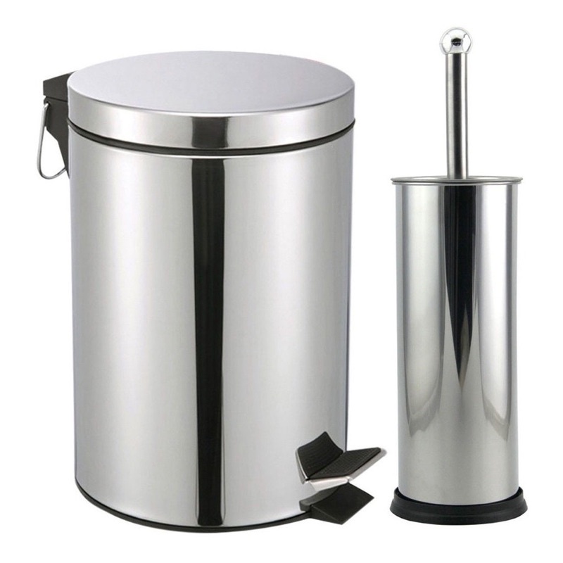 Kit Lixeira 5 litros Inox + Escova Sanitária Inox para Banheiro