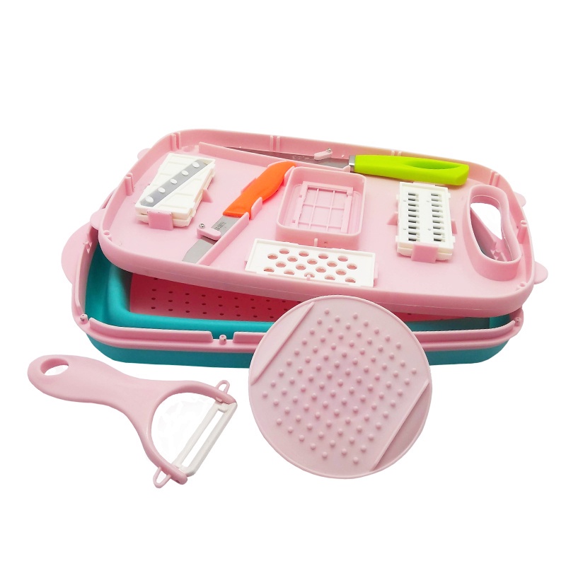 Kit 9 Utensílios Cortador Fatiador Descascador Ralador Tábua com Escorredor Retrátil em Silicone 2 Facas