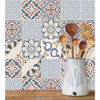 Adesivo Azulejo em tons azul, bege, marrom, cinza, e preto em Oferta na Shopee
