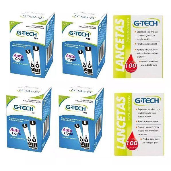 Kit 200 Tiras Fitas Glicemia G-tech Lite + 200 Lancetas