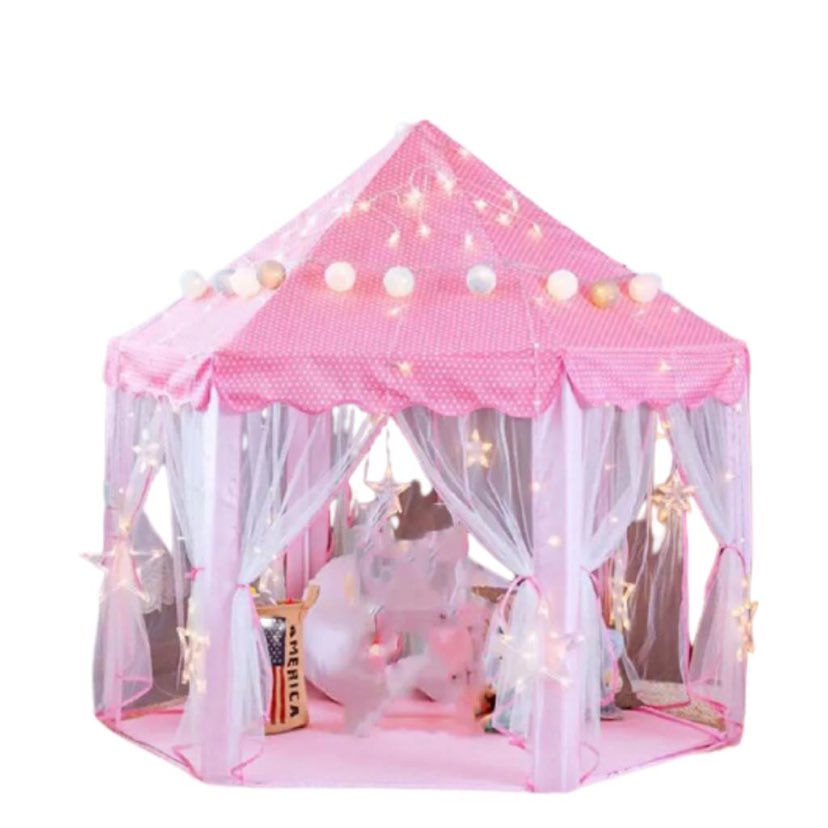 Tenda Castelo Barraca Infantil Rosa Cabana + Bola Led Colorida + Cordão Led Estrela Melhor Presente