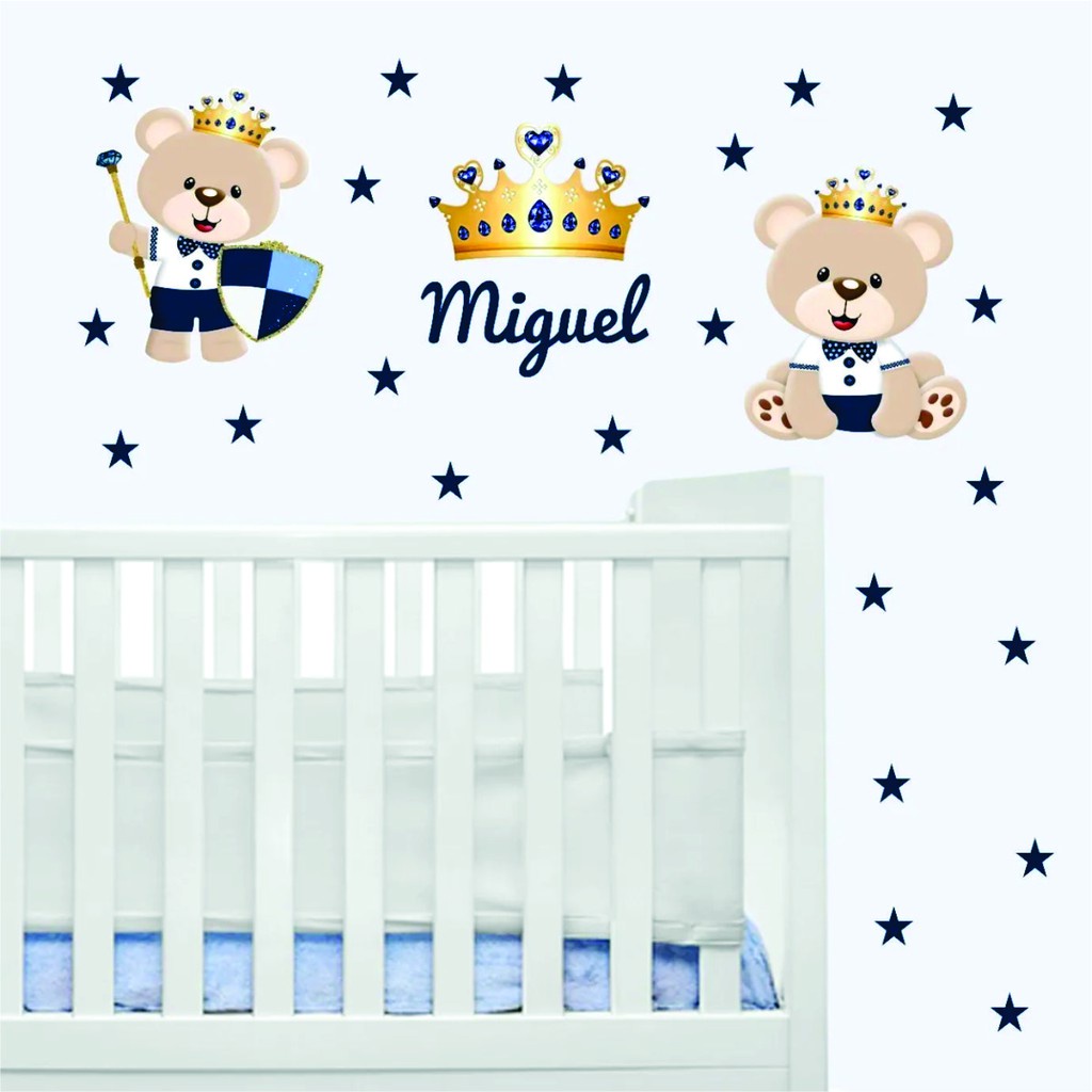 Kit Adesivo de Parede Ursinho Principe Nome Personalizado - Adesivo de Parede Infantil Decoração Quarto de Menino