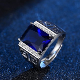 Anel Prata Pedra Azul Safira : Tamanho Ajustável : Unisex