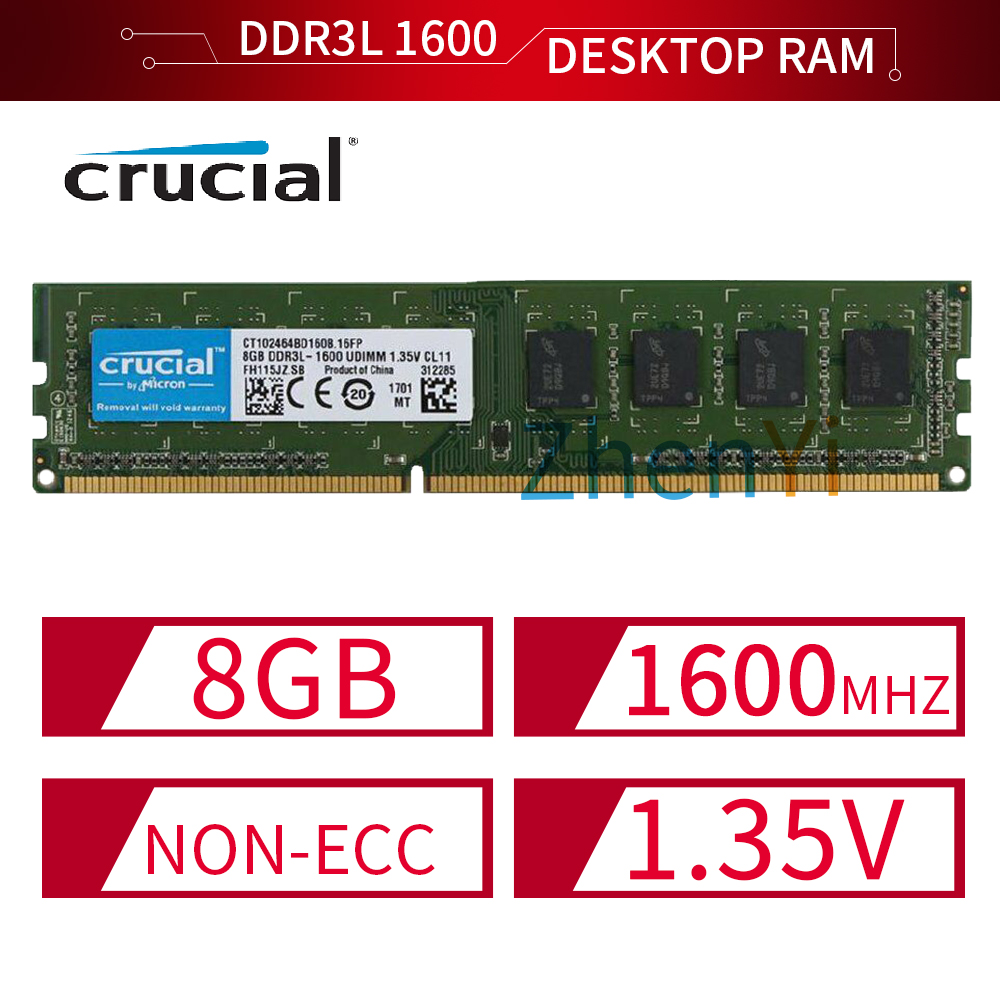 Para Crucial 8gb Ram Desktop Ddr3L 1600mhz 12800 Ct102464Bd160B.16Fp 1.35v Ad38