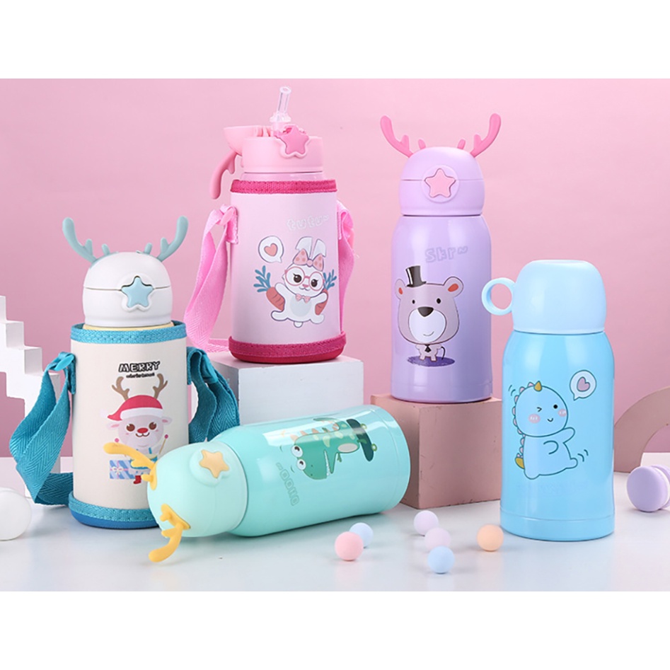 Garrafa Térmica de Alumínio com Canudo Infantil Tema 450ml