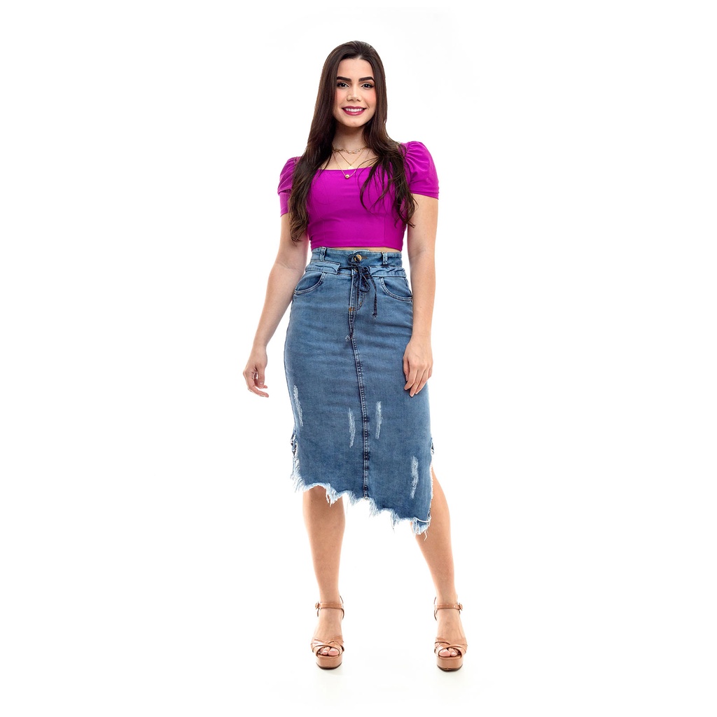 Saia Midi Jeans Com Elastano Moda Evangélica S3705