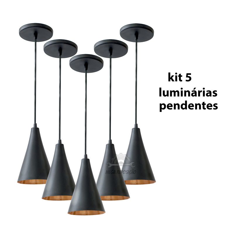 kit 5 pendentes de teto preto com cobre alumínio, luminárias de teto cone suportes para lâmpadas de cozinha sala banheiro quarto churrasqueira barzinho decoração