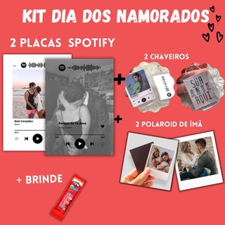 Kit 2 Placas Spotify + 2 Chaveiros + 2 Polarod de ímã com Legenda para Presentear Dia dos Namorados