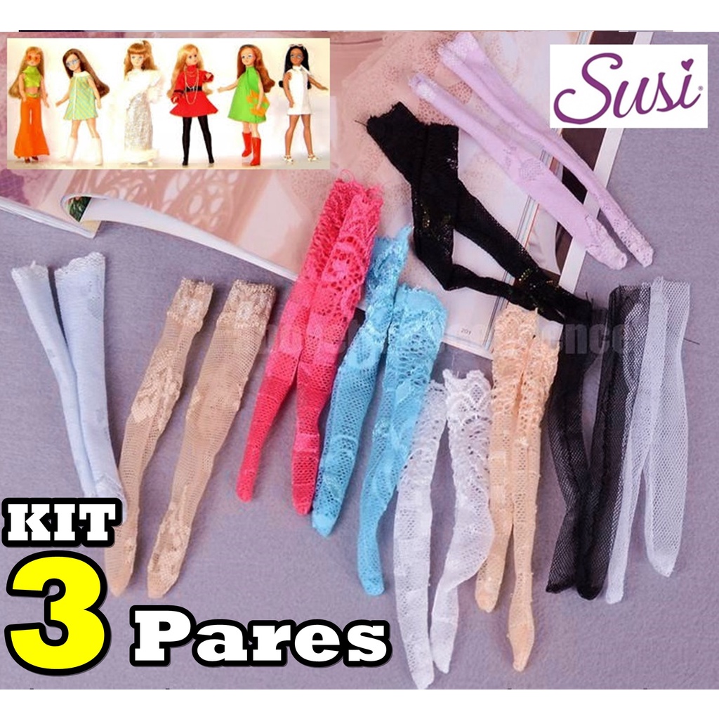 Kit 3 Pares De Meias 7/8 Para Boneca SUSI Antiga Meia Calça Luxo Rendada Roupa