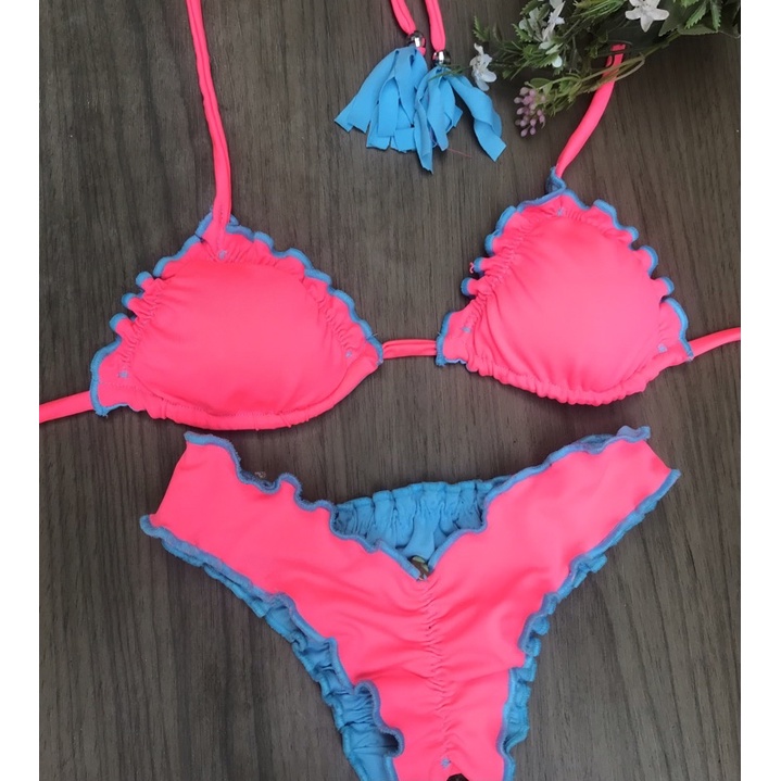 Biquíni ripple todo dupla face rosa neon com azul bebê - com bojo e calcinha empina bumbum