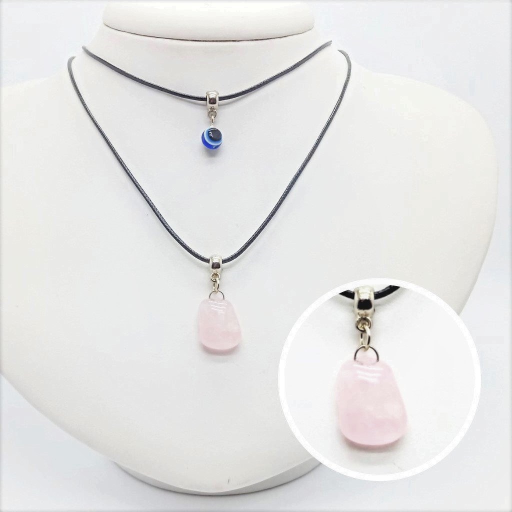 Colar 2 Volta Pedra Natural Quartzo Rosa E Pingente Olho Grego Azul | Proteção e Cura REF: 732