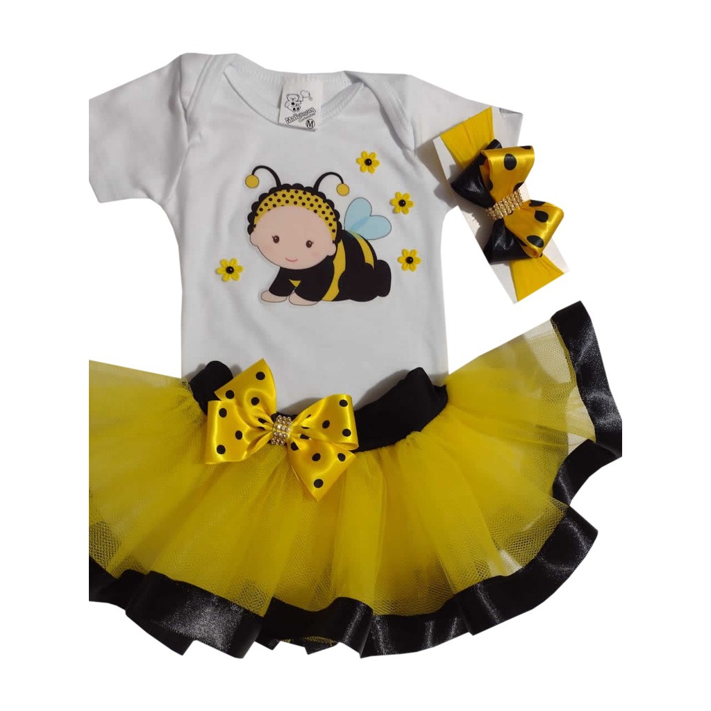 Kit Conjunto Body Aniversário Mesversário Saia De Tutu Laço Abelhinha Abelha Roupa Bebê Menina Luxo Festa Primeiros Meses