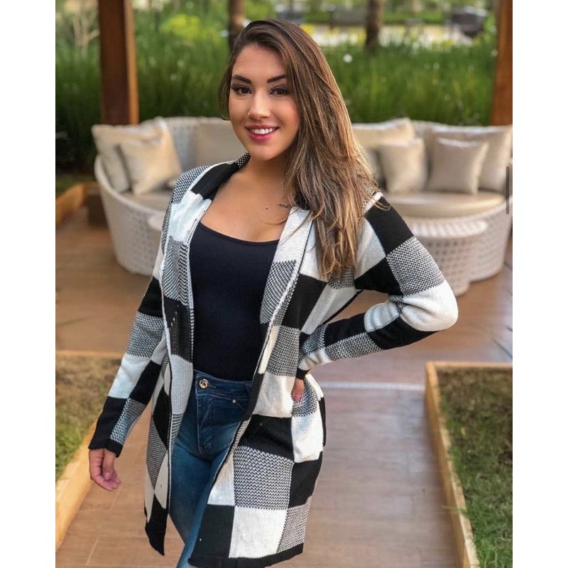 Kimono Trico Feminino Blusa Cardigan Xadrez  Manga Longa Tricot em Oferta na Shopee