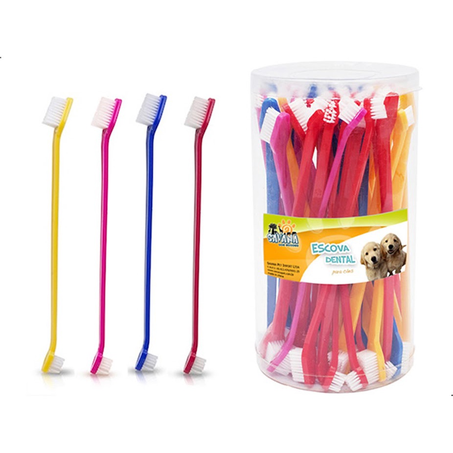 Pote Escova Dental Dupla P/ Cães Cabo Longo Gatos Savana 50 Unidades