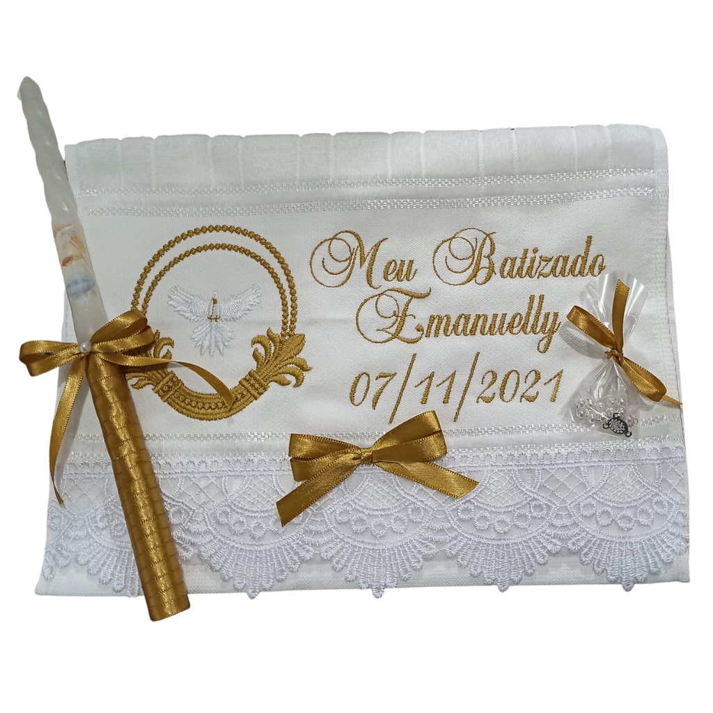 Toalha De Batizado Bordada Vela + Terço