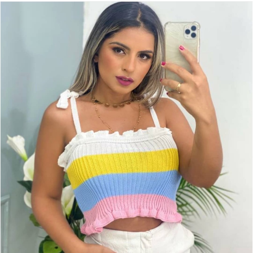 Regata Cropped Tricô Babado Alça de Amarrar Colorida e Lisa Alcinha Tricot