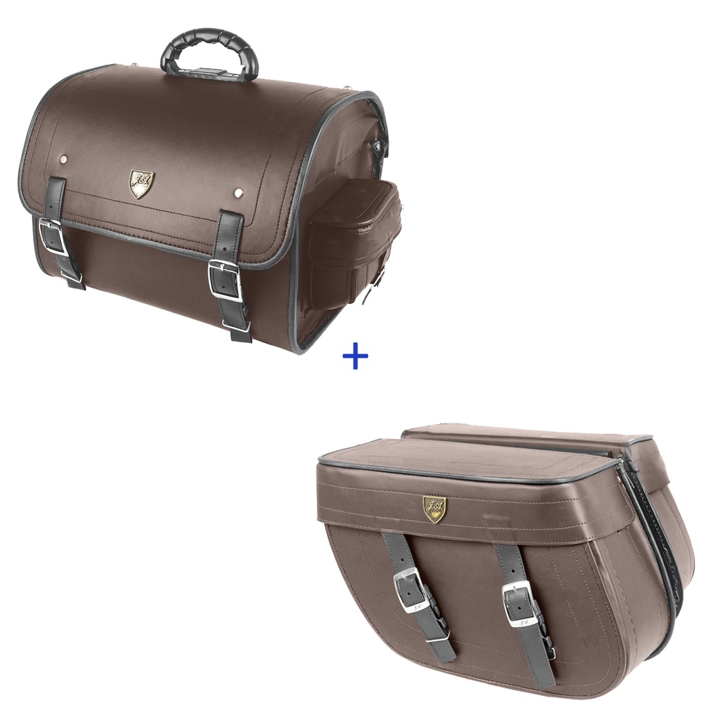 Kit Viagem Alforge Traseiro 35 Litros em Couro Sintético Marrom Liso + Alforge Lateral Losango 32 Litros em Couro Sintético Marrom Liso