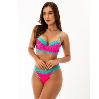 Conjunto Lingerie renda Neon com bojo Bicolor luxo