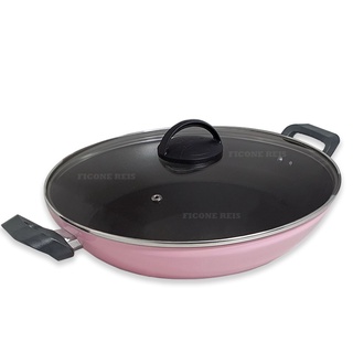 Panela Wok Cor Rosa com Tampa de Vidro com Respiro para Vapor