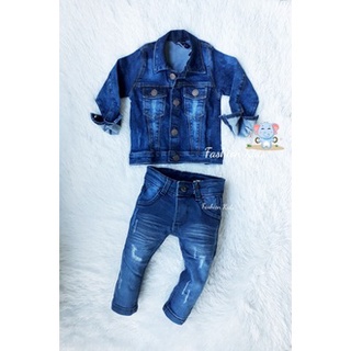 Conjunto Roupa Infantil Jaqueta Casaco Jeans + Calça Bebê Jeans Menino Juvenil