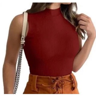 Blusa Canelada Gola Alta Sem Manga Tendencia Moda Gringa