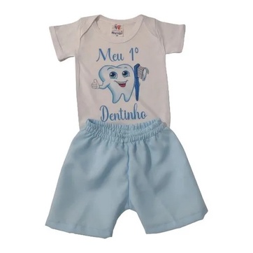 Conjunto De Menino Body Meu Primeiro Dentinho Criança Bebê + Shorts