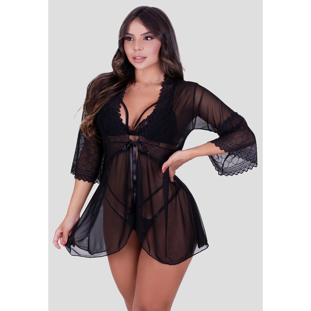 Robe Em Tule Detalhes Em Renda Lingerie Sensual em Oferta na Shopee