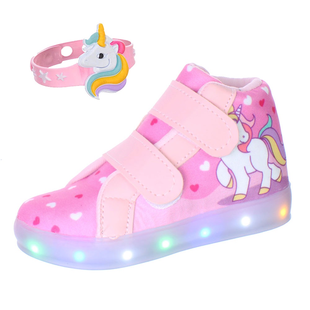 Tenis Botina Luzinha Led Luz Unicornio Infantil Meninas Com Pulseira para Crianca