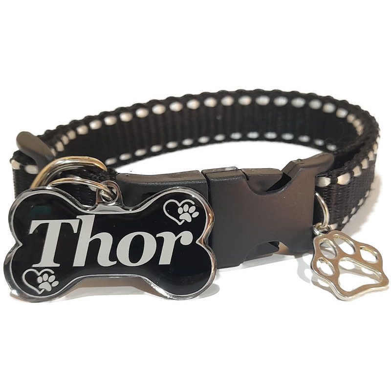 Coleira e Plaquinha de Identificação ossinho para cães - dados do tutor no verso