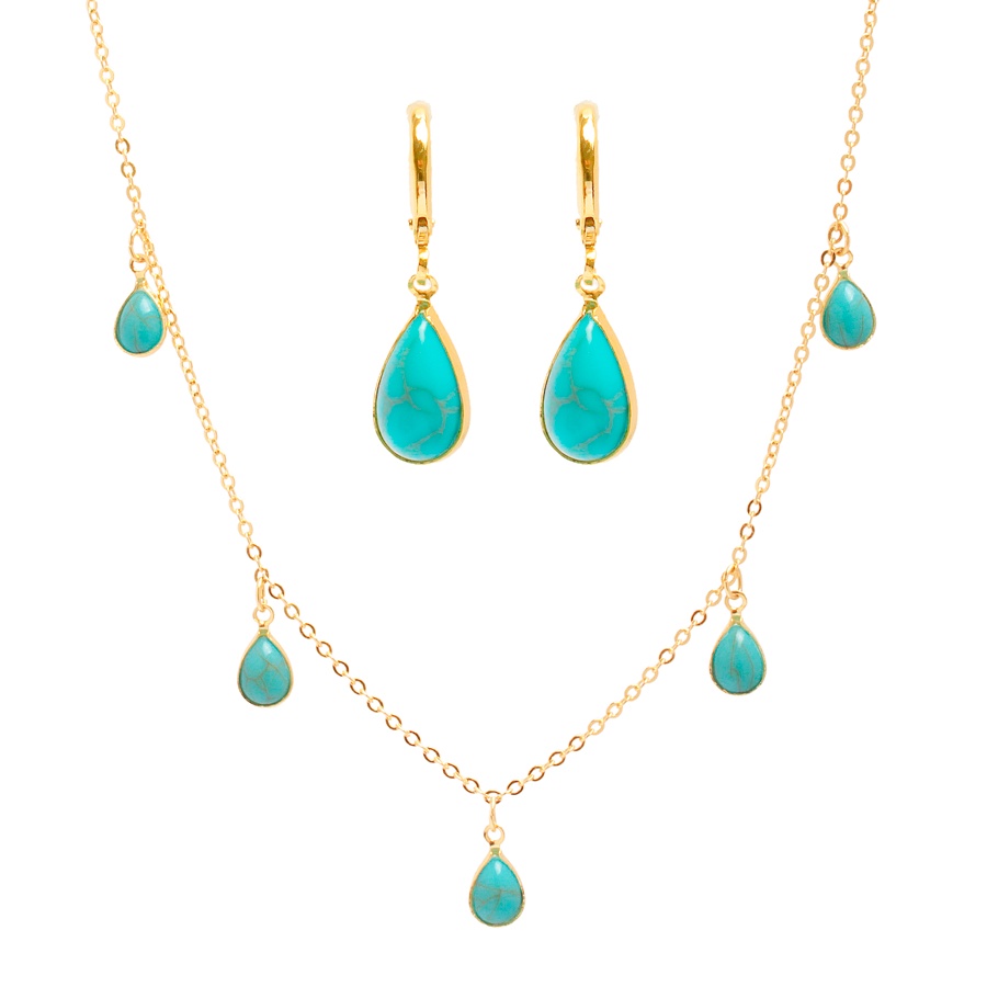 Conjunto Brinco E Colar Pingentes Gotas Turquesa Folheado A Ouro 18k
