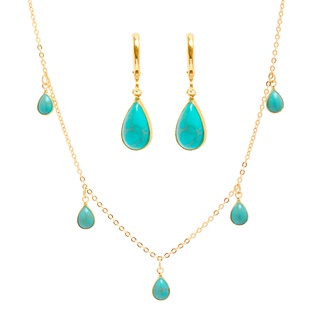 Conjunto Brinco E Colar Pingentes Gotas Turquesa Folheado A Ouro 18k