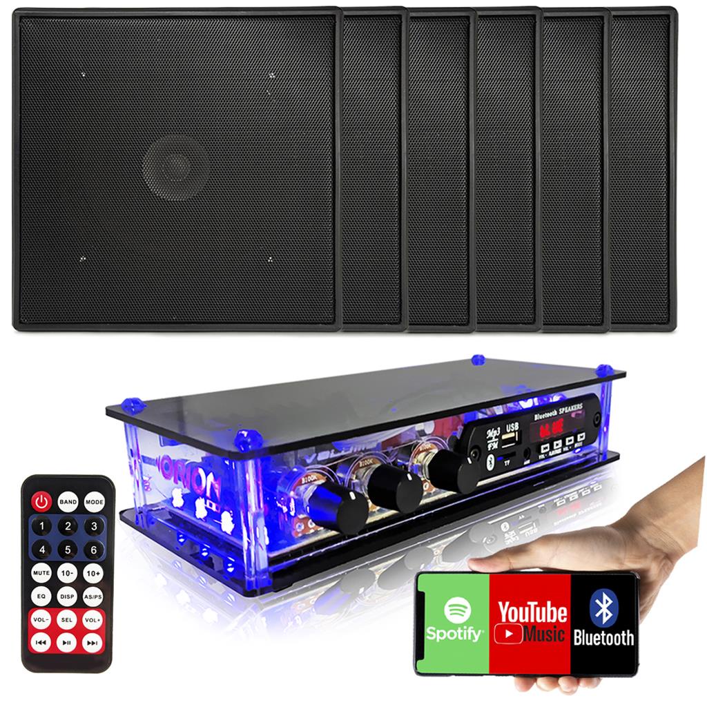 Kit Som Ambiente 6 Caixas de Som Arandelas Quadradas Pretas de Embutir Gesso + Amplificador Bluetooth Usb Aux 2 Canais