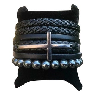 Combo 3 Pulseira Masculina Feminina Couro Cruz Crucifixo em Oferta na Shopee