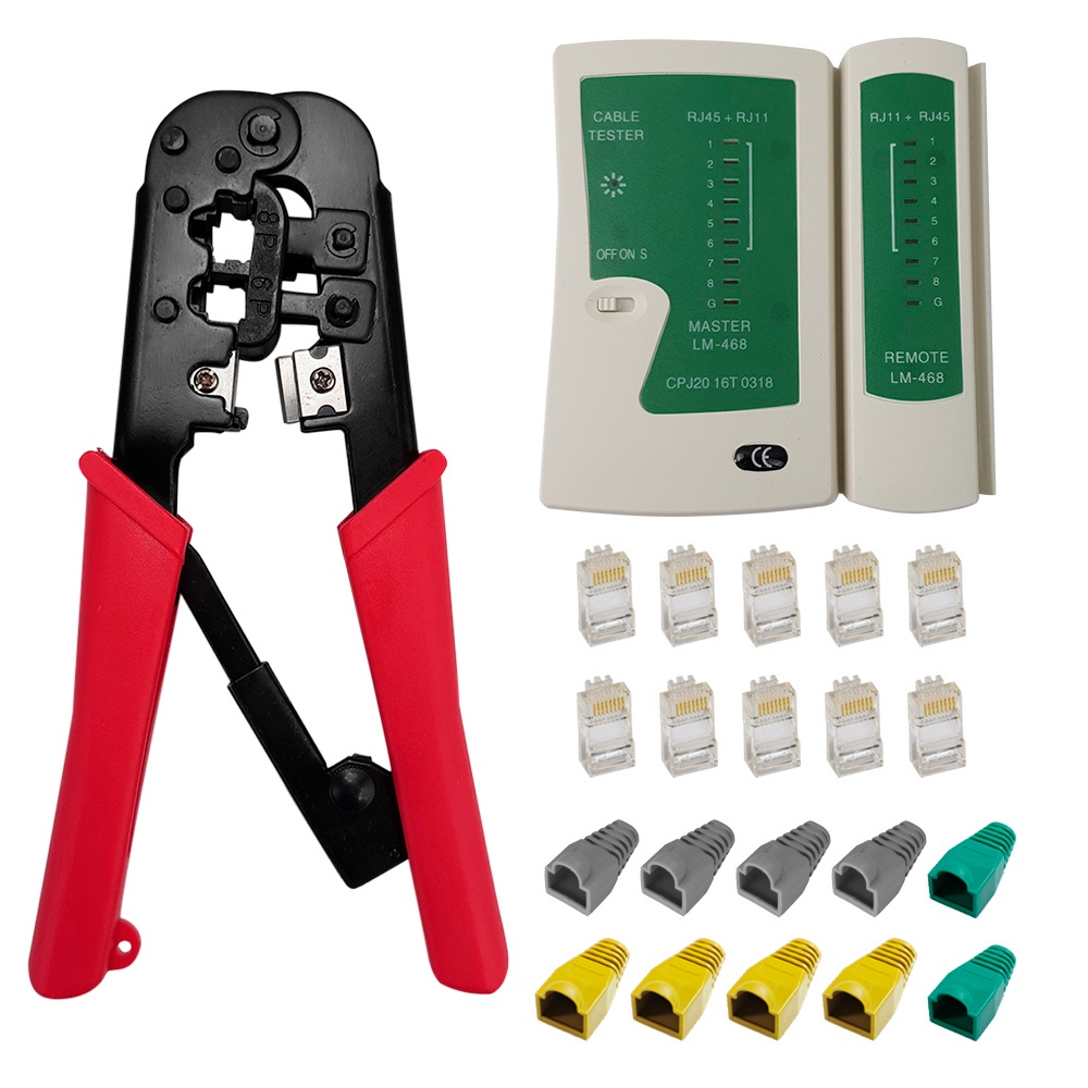 Kit 48 C - Alicate Crimpar RJ45/11 + Testador De Cabos + 10 Conectores RJ45 C/ Protetor - KIT0048C