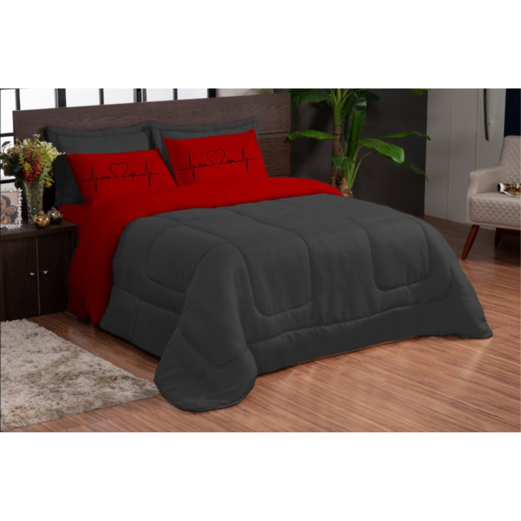 Kit Edredom ..s2.. 2,40m x 2,20m Queen Dupla Face Preto com vermelho 5 Peças